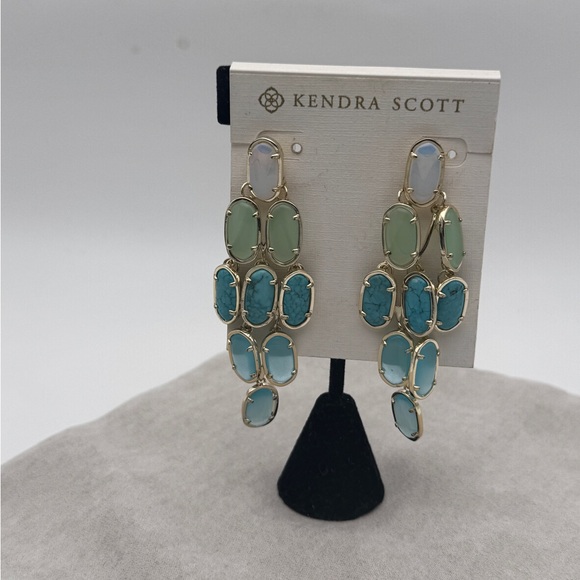 Elegant Gold Embry Opalite and Blue chalcedony & Turquoise Chandelier Earrings - Picture 2 of 2